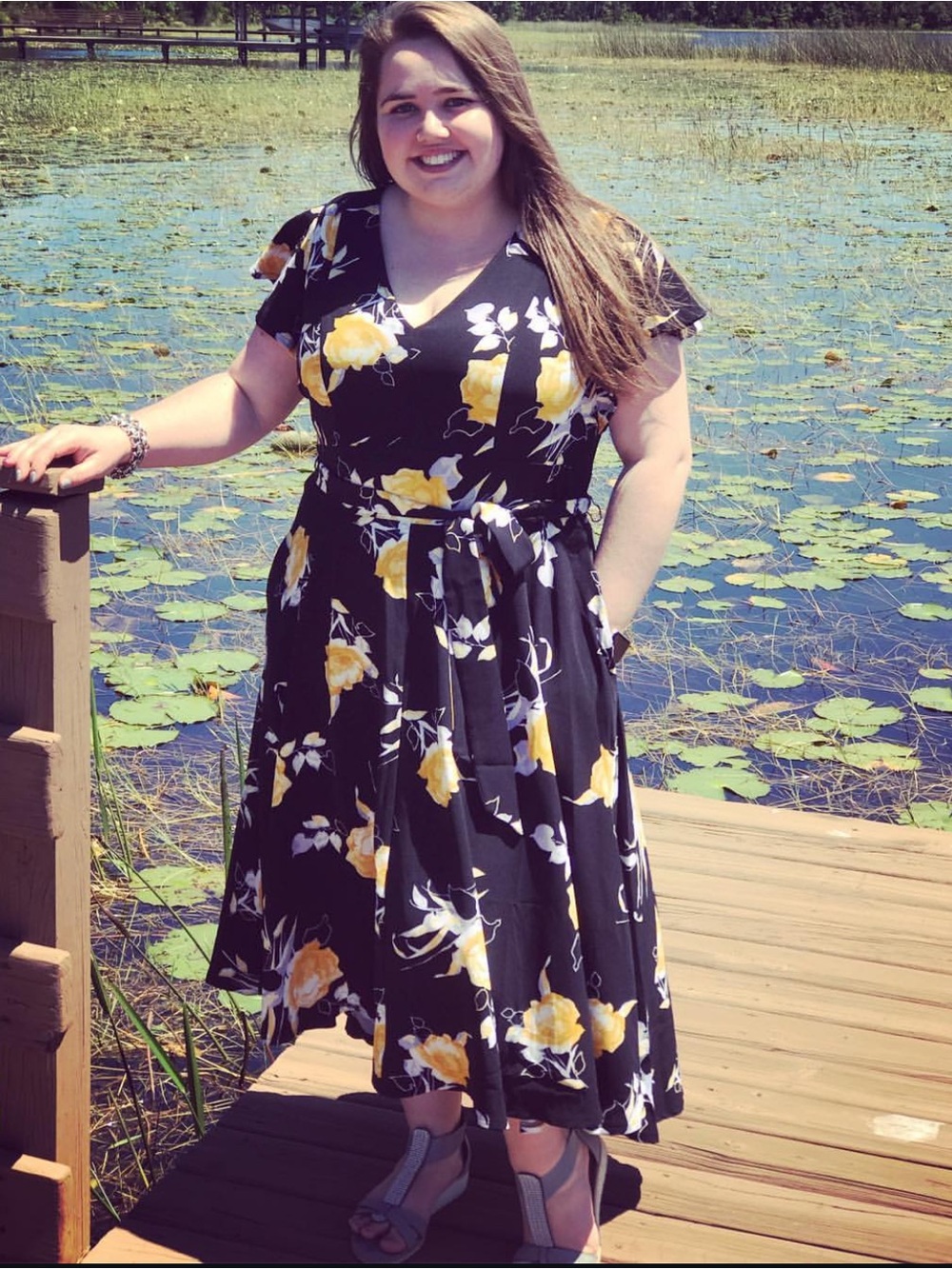 Lane Bryant Black Floral Hi-Lo Dress with Yellow Rose Print